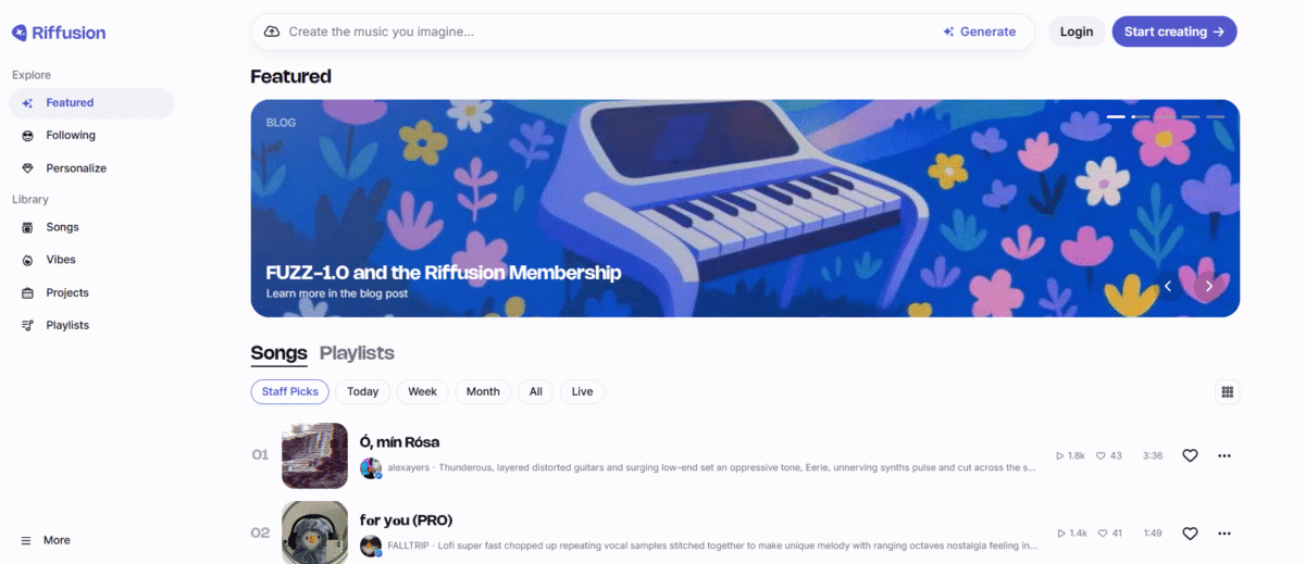 Riffusion homepage.