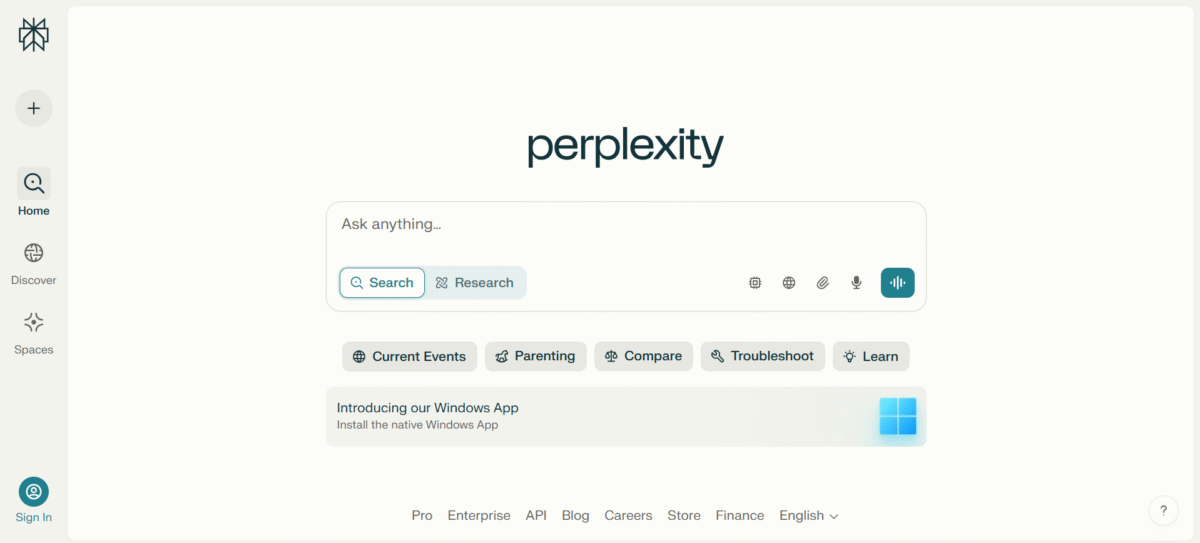 The Perplexity homepage.