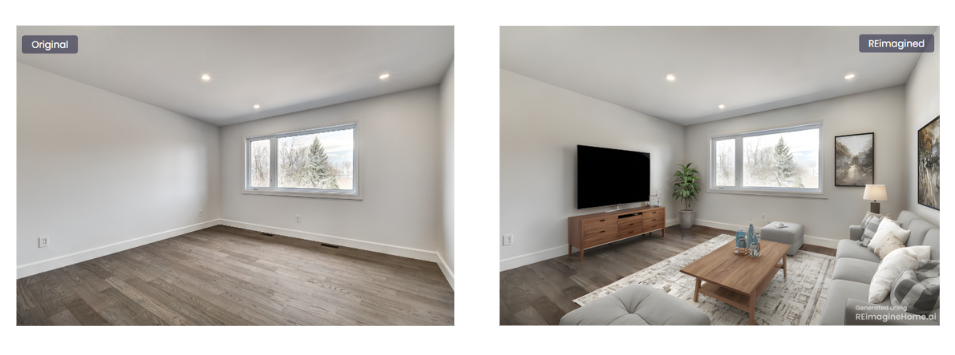An empty room compared to that same room turned into a living room that has been designed with REimagine Home's AI.