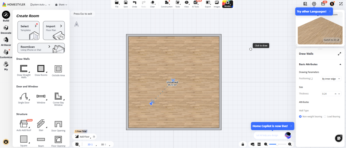 A square room created with Homestyler.