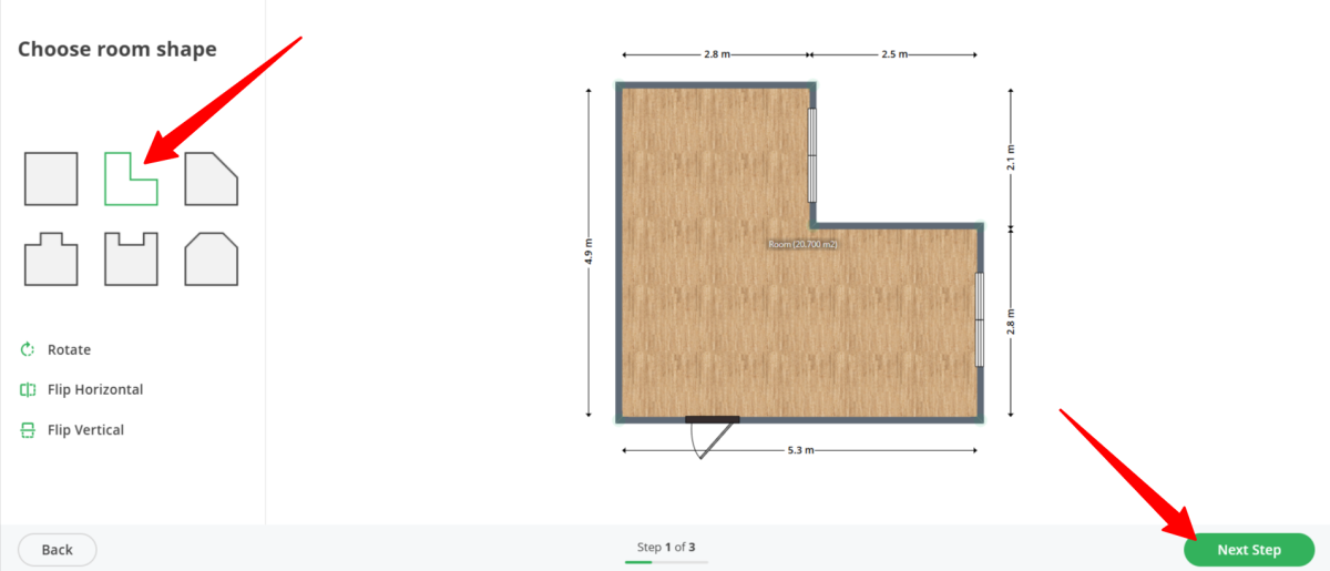 Selecting a room shape in Planner 5D.
