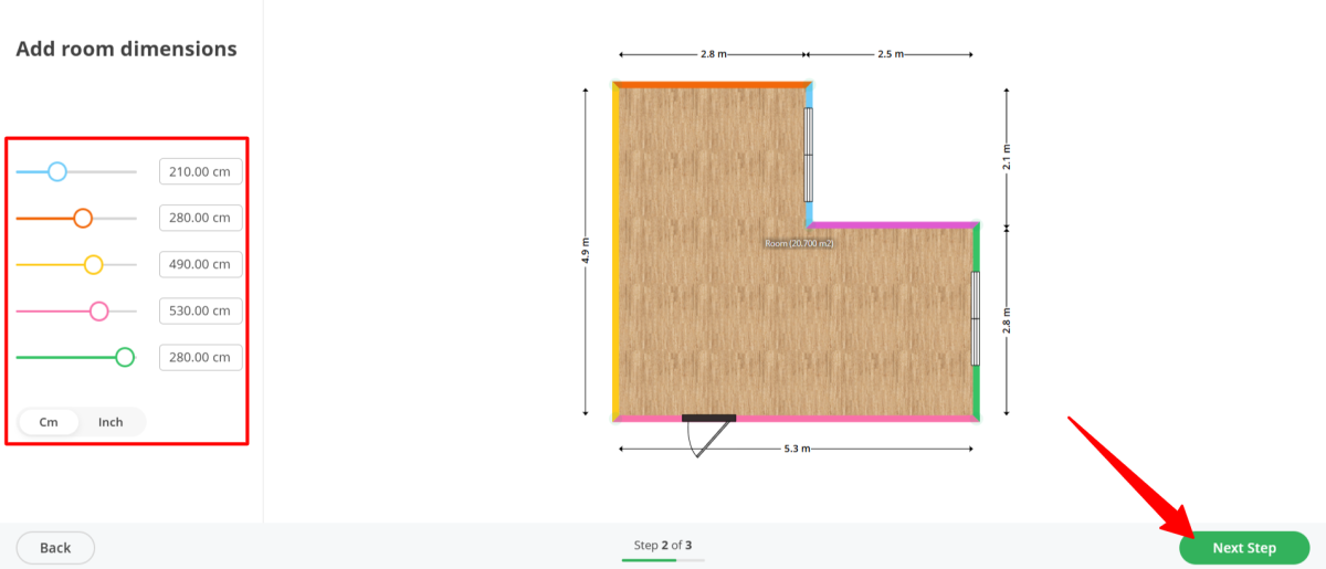 Adding room dimensions to a floor plan on Planner 5D.
