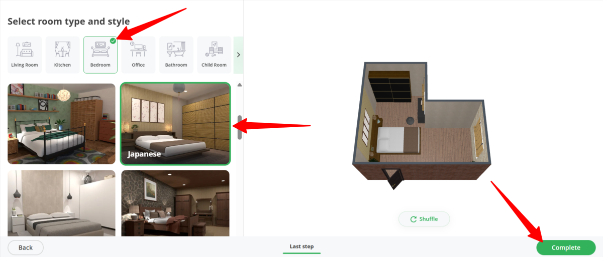 Choosing a room type and style in Planner 5D.