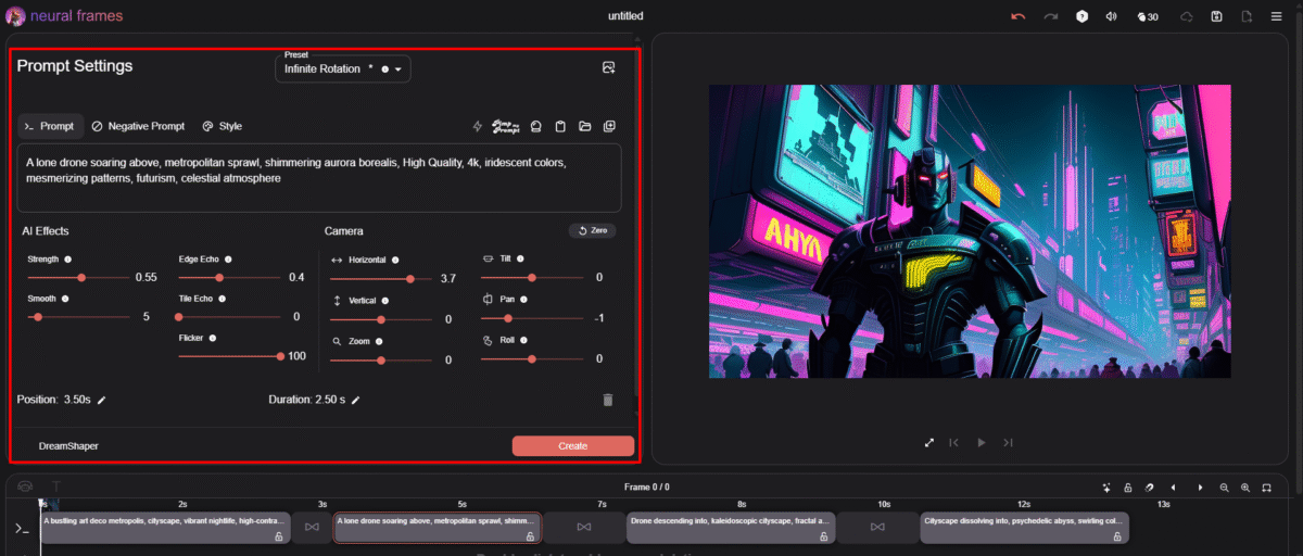 The Prompt Settings in the Neural Frames AI video editor.