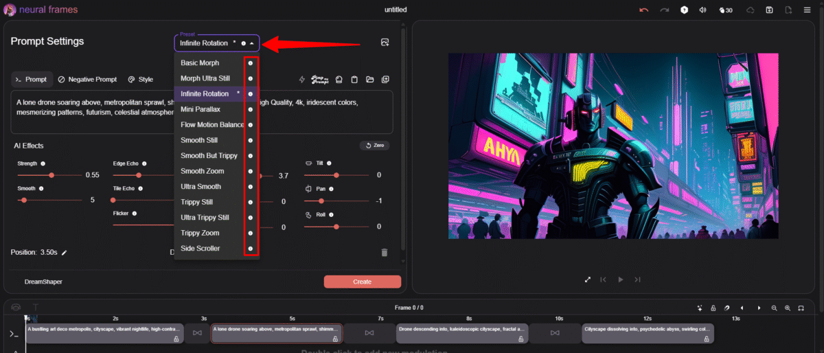 Exploring the presets in the Prompt Settings when generating a video with Neural Frames.