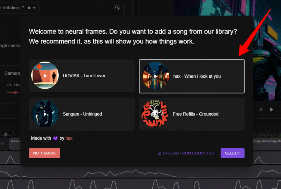 Selecting a song from the Neural Frames library.