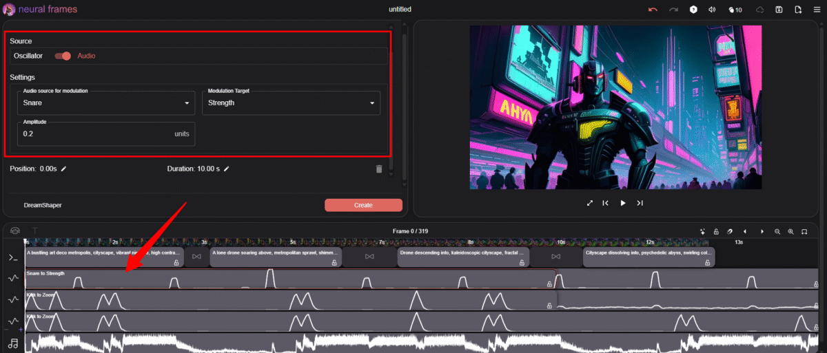 Tweaking individual elements of a song added to a video made with Neural Frames.