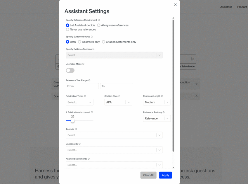 The Scite Assistant settings.