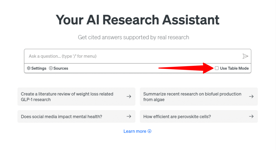The table mode toggle on Scite AI.