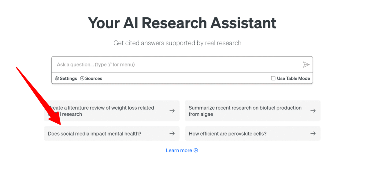 Selecting one of the sample prompts when using the Assistant on Scite AI.