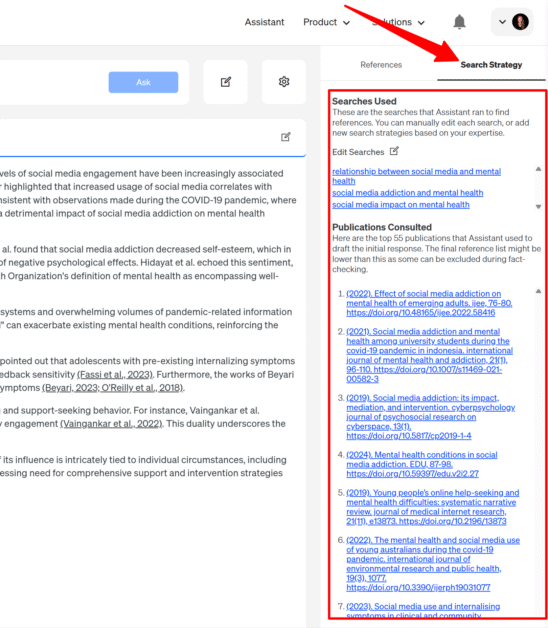 The Scite AI Assistant displaying the searches used when doing research.