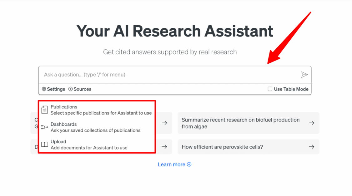 Accessing the menu when using the Scite AI assistant.