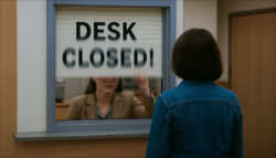 A woman in front of a bank teller who is suddenly closing her booth. ChatGPT-4o and Adobe Firefly.