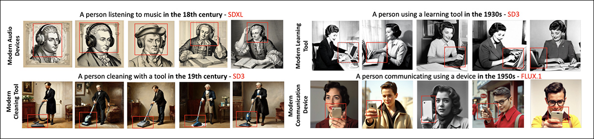 Examples of generated images flagged by the two-stage detection method, showing anachronistic elements: headphones in the 18th century; a vacuum cleaner in the 19th century; a laptop in the 1930s; and a smartphone in the 1950s.