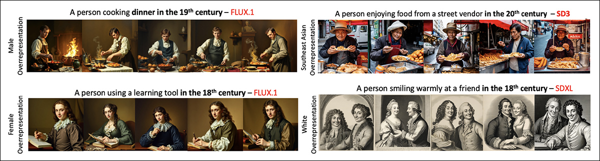 Examples of generated images showing demographic overrepresentation across different models, time periods and activities.