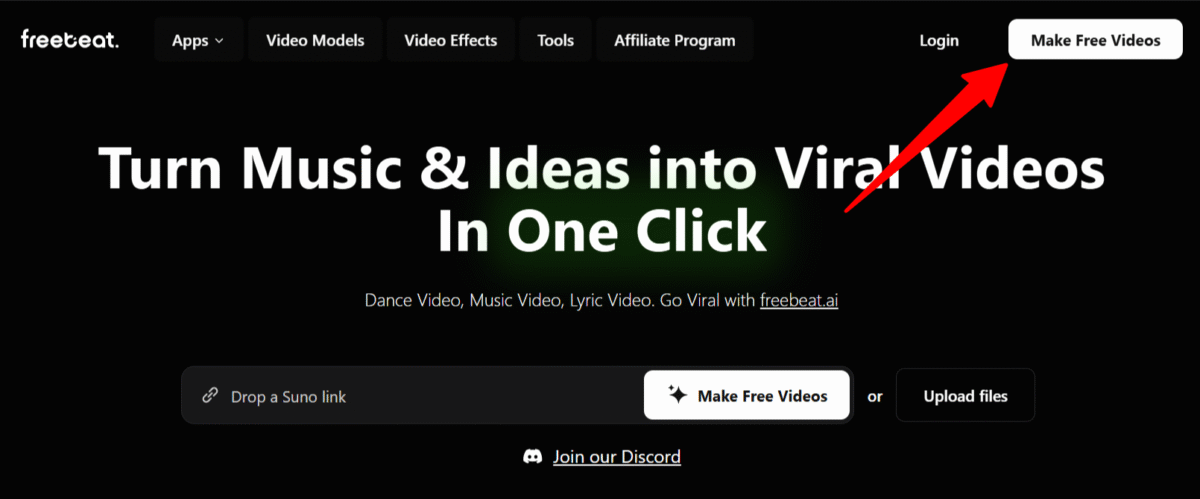 Selecting "Make Free Videos" on the Freebeat homepage.