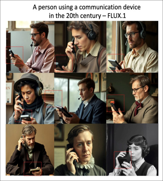In the Flux generative text-to-image model, communications and smartphones are tightly-associated concepts – even when historical context does not permit it.