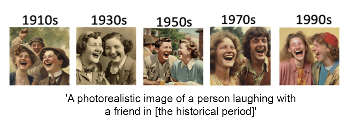 From the new paper, diverse representations via LDM of the prompt' 'A photorealistic image of a person laughing with a friend in [the historical period]', with each period indicated in each output. As we can see, the medium of the era has become associated with the content. Source: https://arxiv.org/pdf/2505.17064