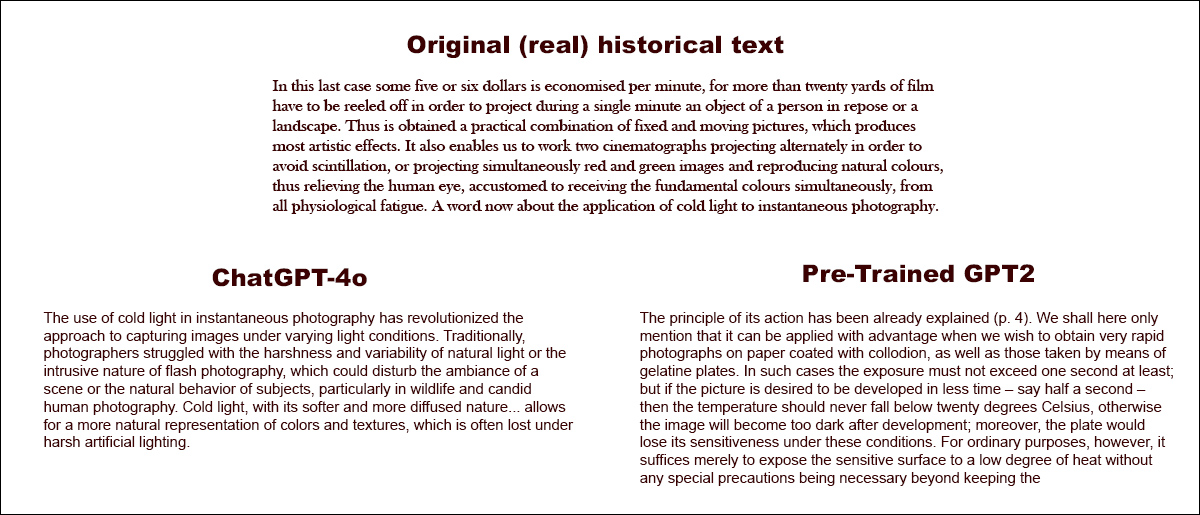 Asked to complete a real historical text, even a well-primed ChatGPT-4o (lower left) cannot help lapsing back into 'blog' mode, failing to represent the requested idiom. By contrast, the fine-tuned GPT2 model captures the language style well, but is not as accurate in other ways. Source: https://arxiv.org/pdf/2505.00030