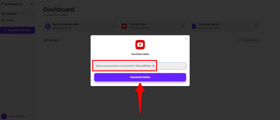 Giving TurboLearn AI a YouTube link to generate notes from.