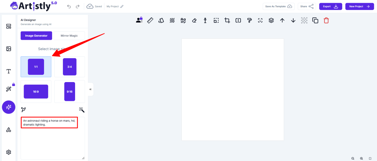 Choosing the aspect ratio and adding a text prompt to the Artistly Image Generator.