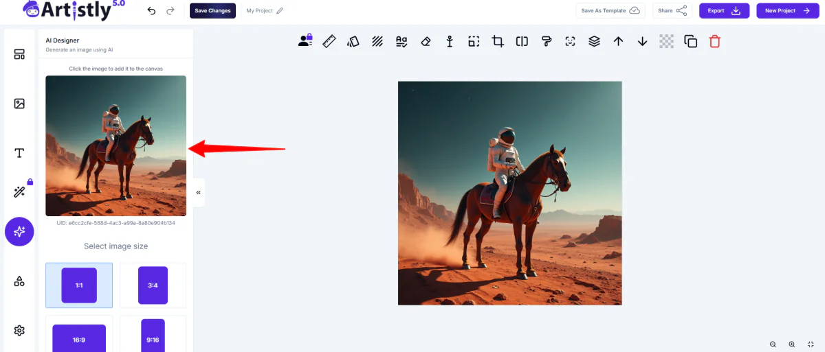 Clicking on the generated image to add it to my canvas on Artistly.