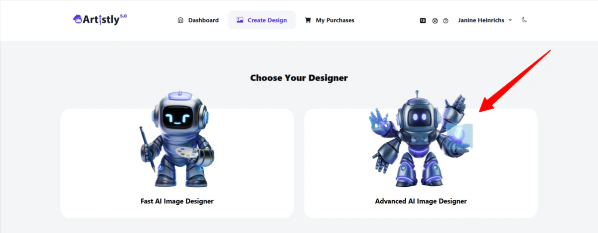 Selecting the Advanced AI Image Designer when creating a design with Artistly.