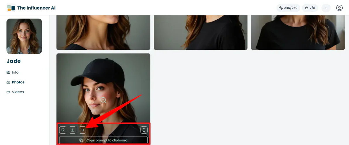 Viewing the image options for an image generated with The Influencer AI.