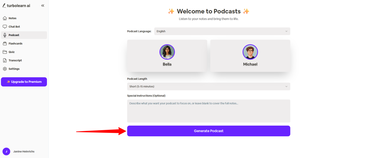 Generating a podcast based on my notes created with TurboLearn.