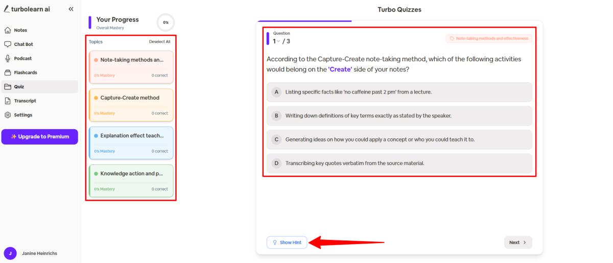 Doing a quiz on TurboLearn.