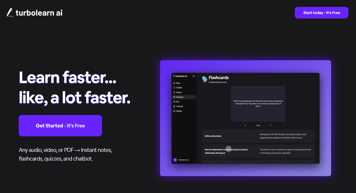 TurboLearn AI homepage.