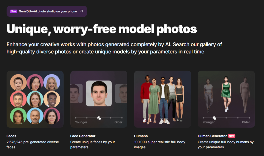 The Generated Photos homepage.