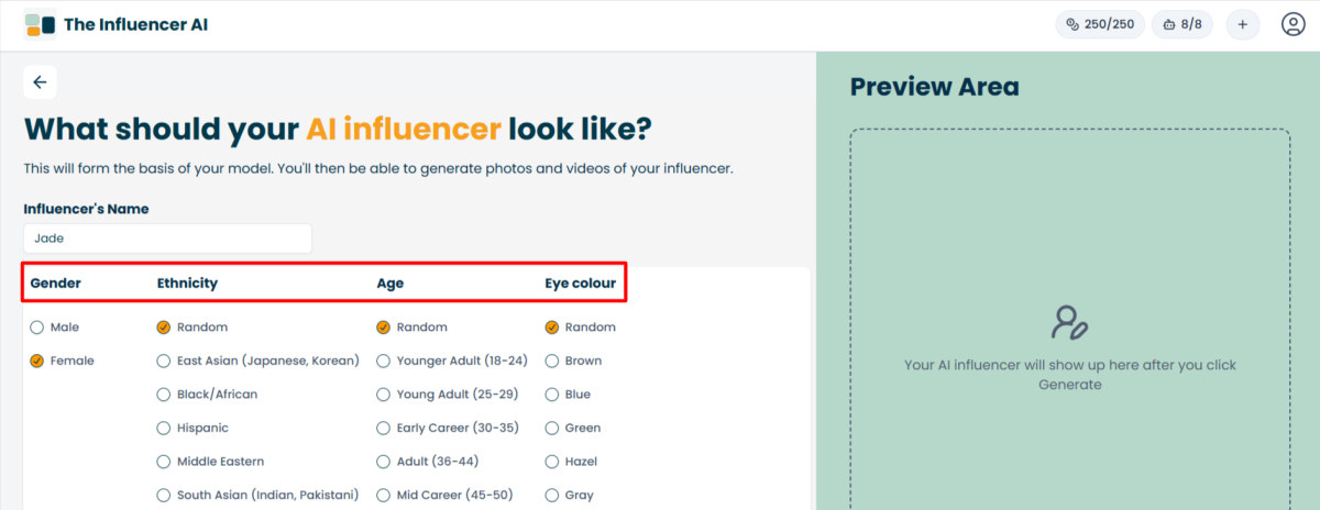 Selecting how my AI Influencer will look using The Influencer AI.