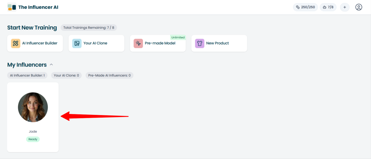 Selecting an AI influencer created with The Influencer AI from the dashboard.