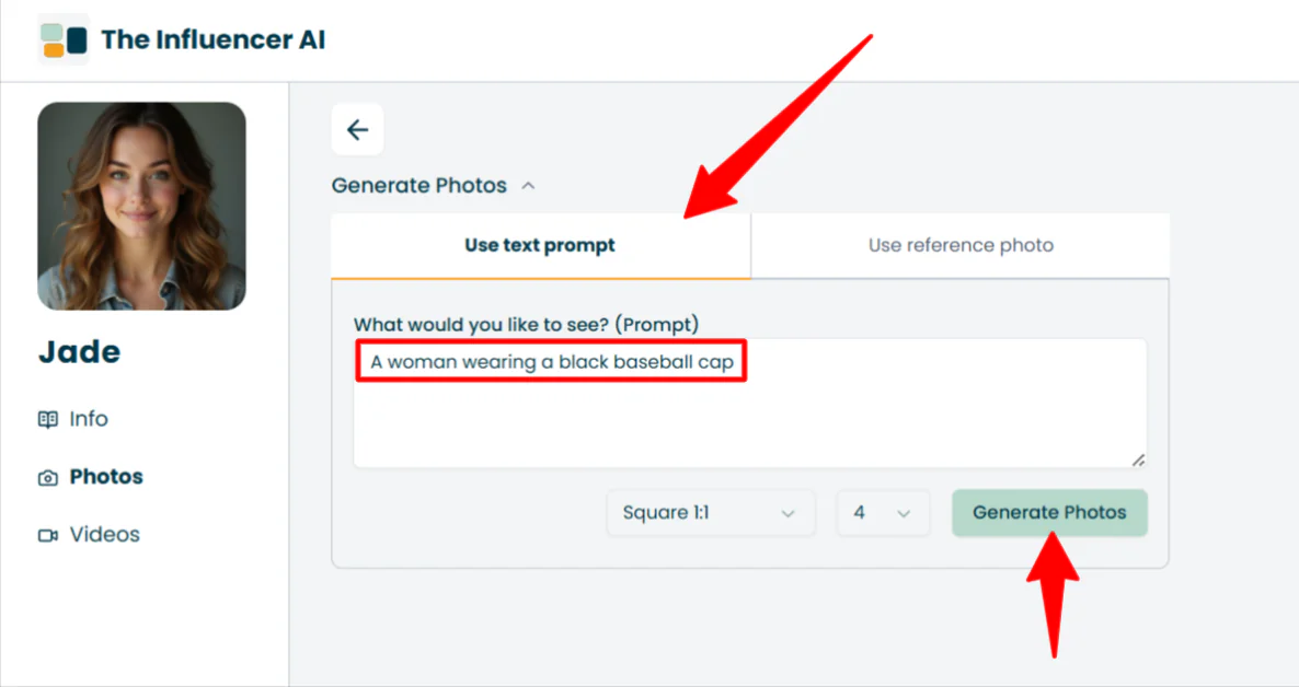 Adding a text prompt to generate photos from an AI influencer created with The Influencer AI.
