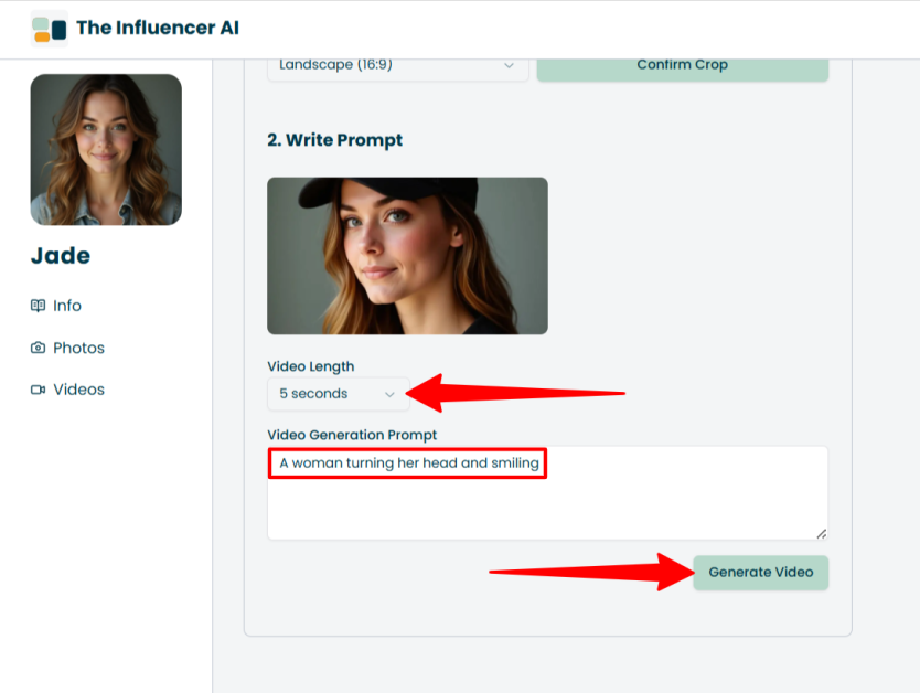 Generating a video from an image of an AI influencer generated with The Influencer AI.