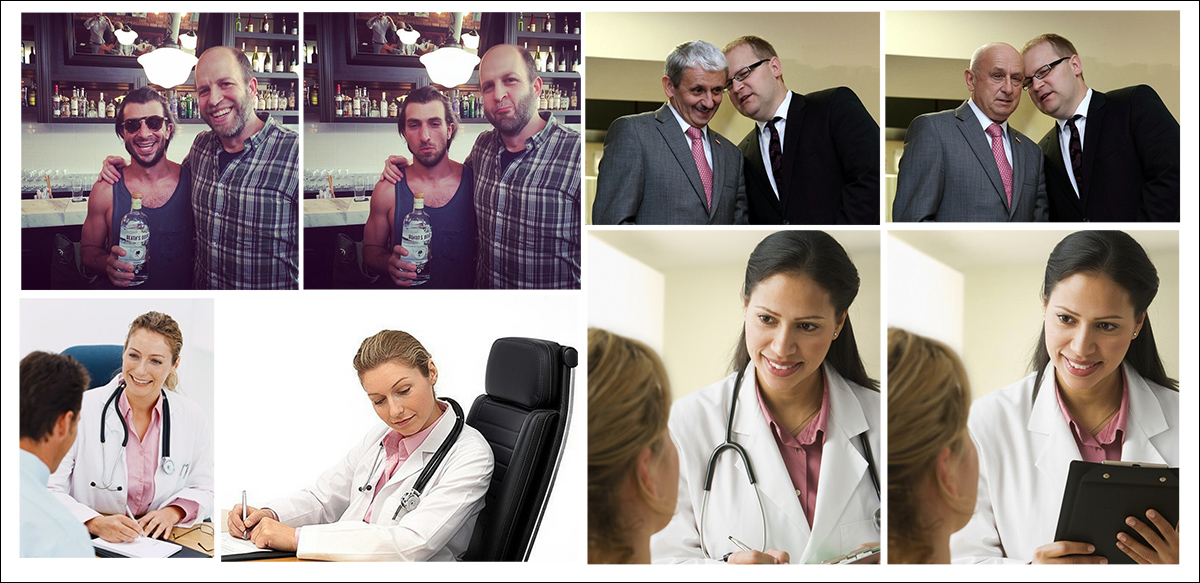Sampled from the new collection, real/fake pairs, with some alterations more subtle than others. Note, for instance, the loss of authority for the Asian woman, lower-right, as her doctor's stethoscope is removed by AI. At the same time, the substitution of the doctor's pad for the clipboard has no obvious semantic angle. Source: https://huggingface.co/datasets/parulgupta/MultiFakeVerse_preview