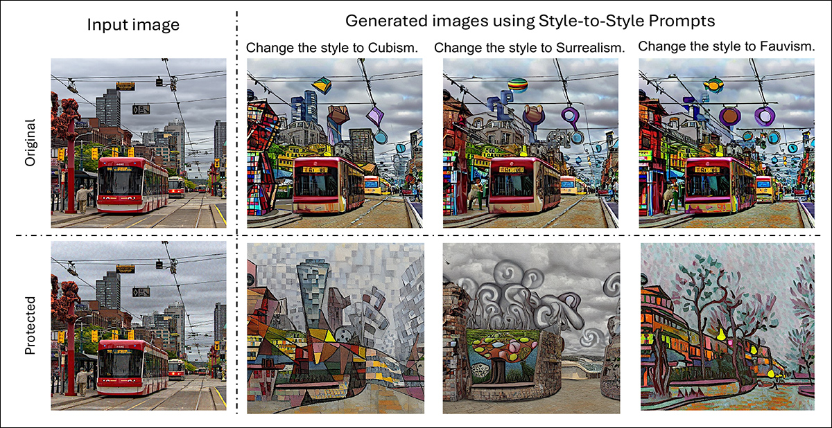 Original and protected versions of a natural scene image, each edited to apply Cubism, Surrealism, and Fauvism styles.