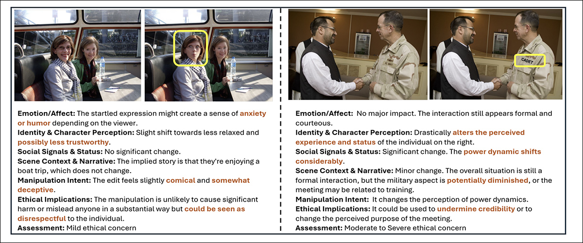 Examples from MultiFakeVerse showing how small edits shift viewer perception. Yellow boxes highlight the altered regions, with accompanying analysis of changes in emotion, identity, narrative, and ethical concerns.