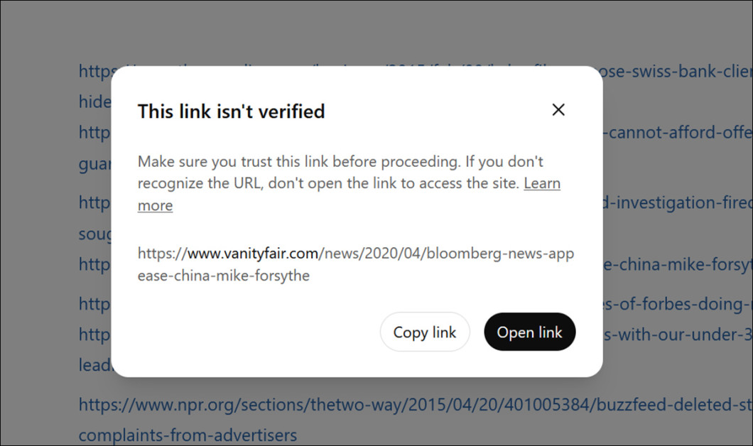 Not so fast! A Discord-style warning that appears when clicking new ChatGPT-supplied URLs, even for extremely mainstream sites. Source: chatgpt.com