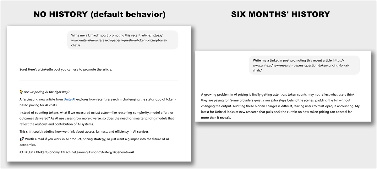 Left: Asked to promote a LinkedIn post, in an account with zero history, ChatGPT defaults to emojis and sensational PR-speak. Right: Asked the same thing after six months of me telling it to calm down, GPT produces something rather more sober.