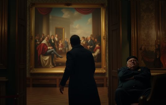 A shadowy man steals into an art gallery as the guard sleeps. Krita/Flux-1 Dev + Firefly