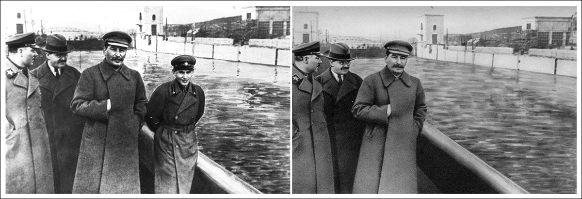 Now you see him, now he's…vapor. Stalin-era photographic manipulation removes a disgraced party member from history. Source: Public domain, via https://www.rferl.org/a/soviet-airbrushing-the-censors-who-scratched-out-history/29361426.html
