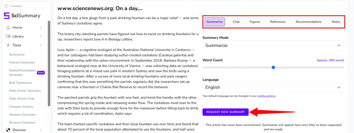 Summarizing an article uploaded to SciSummary.
