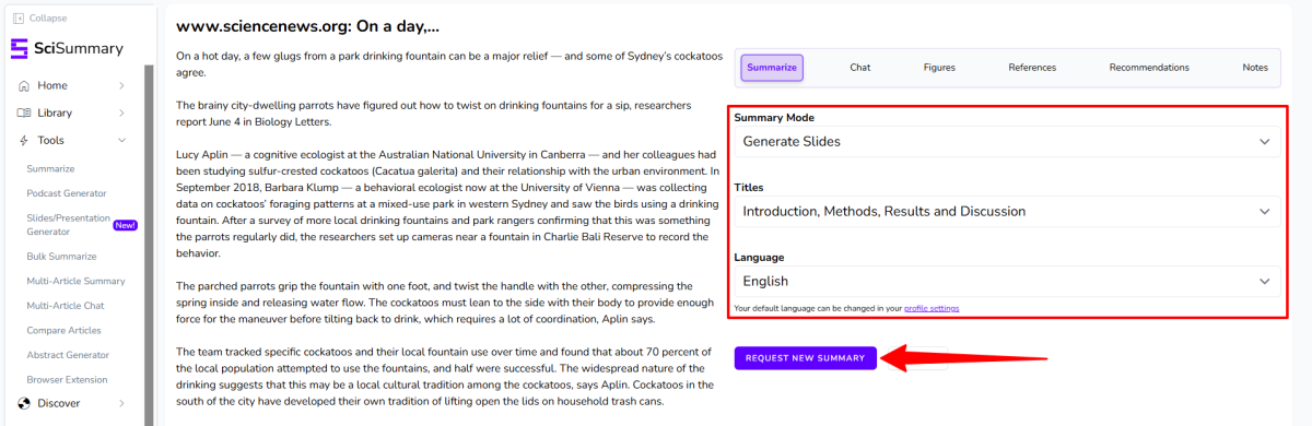 Turning an uploaded article into a slideshow with SciSummary.